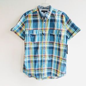 TOMMY HILFIGER short sleeve plaid button down L
